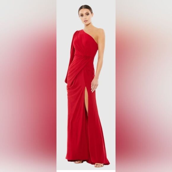 Mac Duggal 67879 One Shoulder Puff Sleeve Faux Wrap Gown NWT size 6 Red - Picture 1 of 6